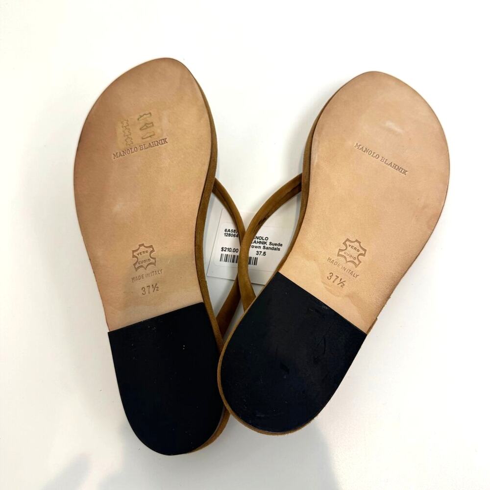 Manolo Blahnik Brown Suede Thong Sandal Flats 37.5 NEW Tan Round Toe Shoes - Picture 6 of 6